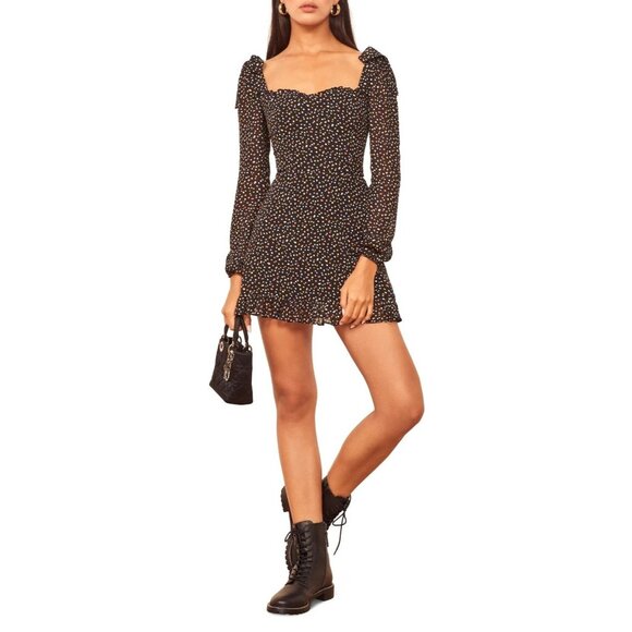 Reformation Elin Black Confetti Polka Dot Square Neck Bow Shoulder Mini Dress 4 - Picture 2 of 10